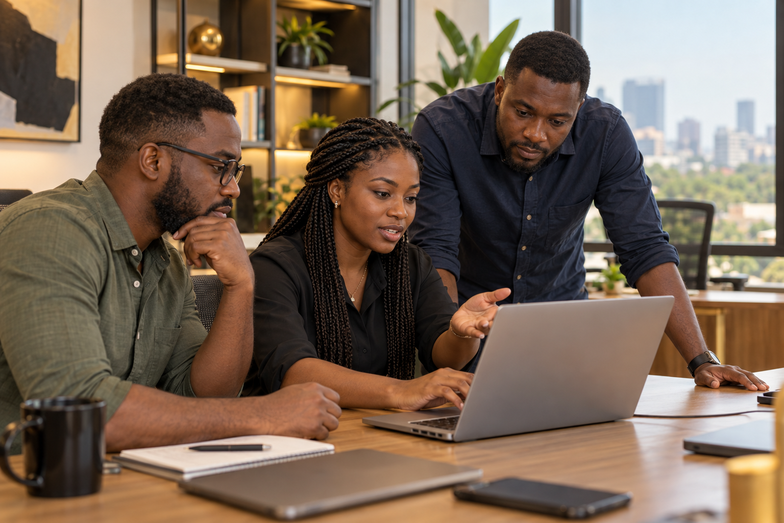 African technology professionals collaborating on software in a modern office